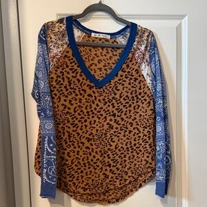 We The Free Leopard Print V-Neck with Blue Patterned Sleeves